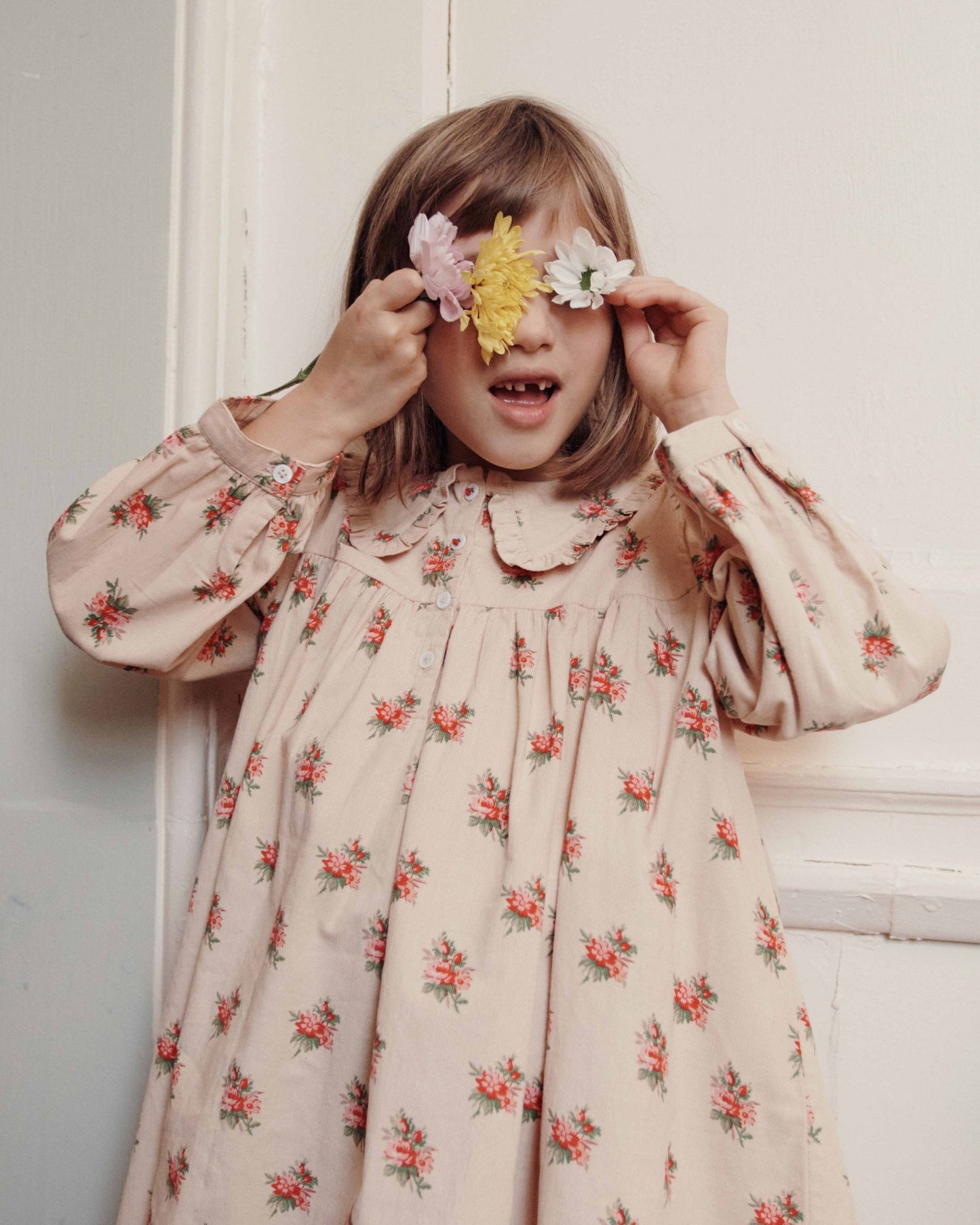 Robe ample - Velours fleuri beige