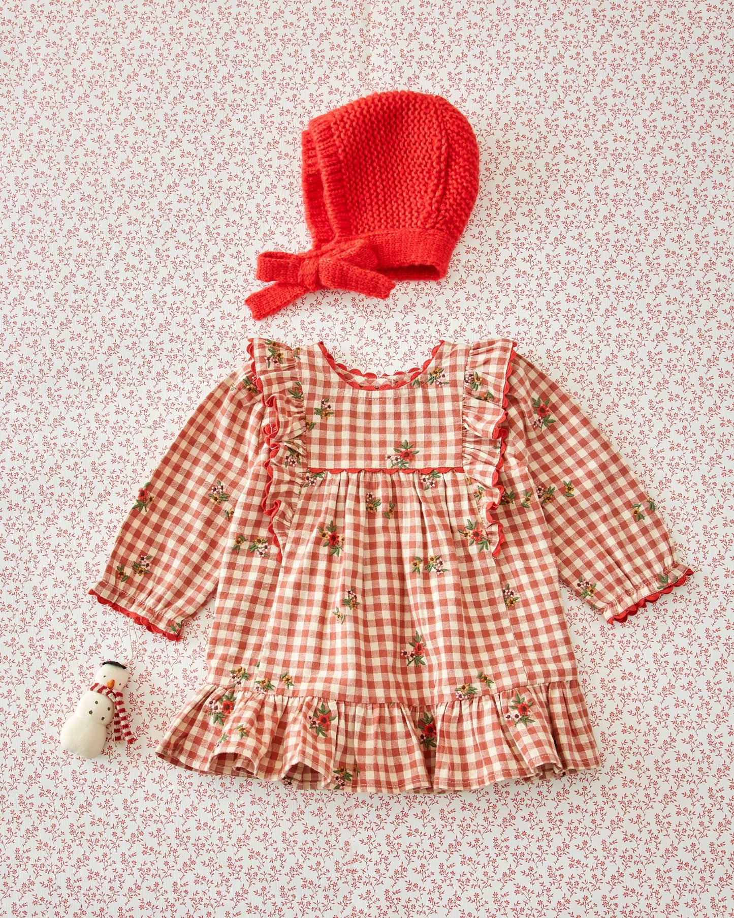 Robe - Volantée brodée vichy terracotta
