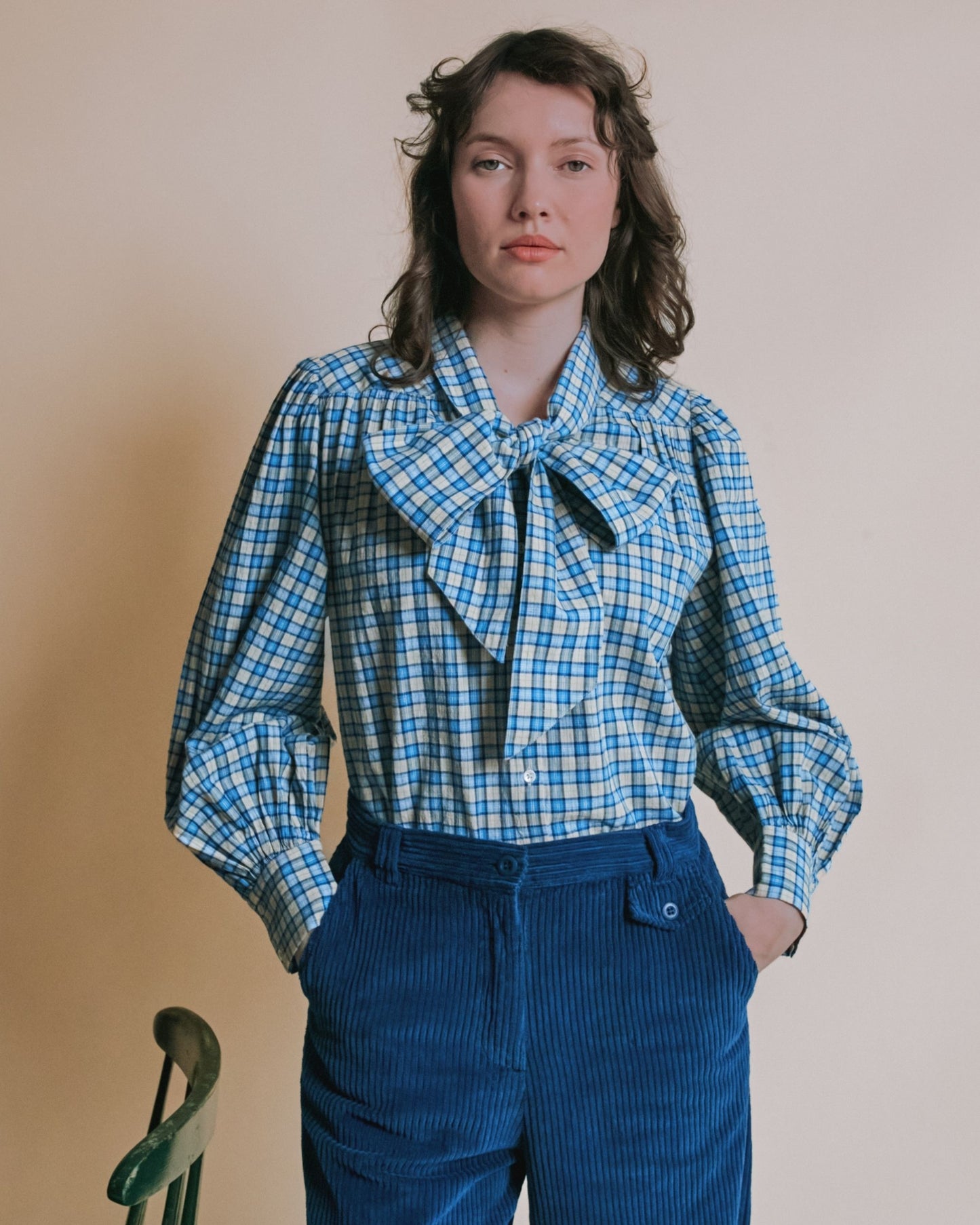 Blouse - Carreaux bleu et beige
