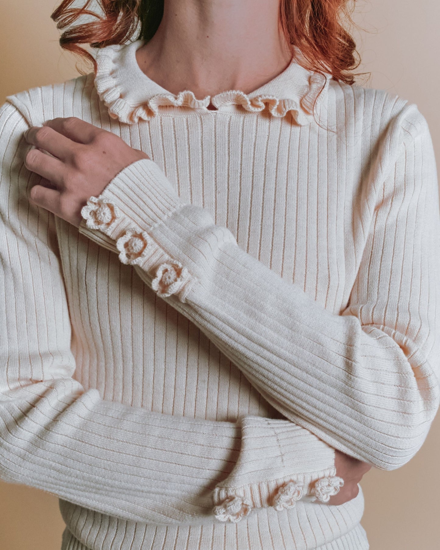 Pull - Côte col volanté écru