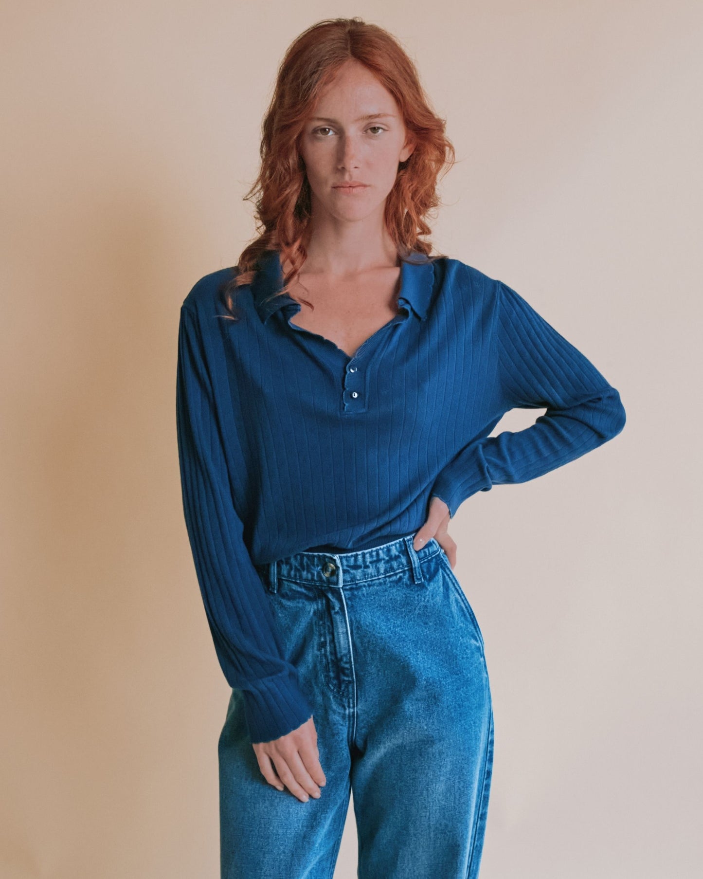 T-shirt manches longues - Pointelle bleu foncé