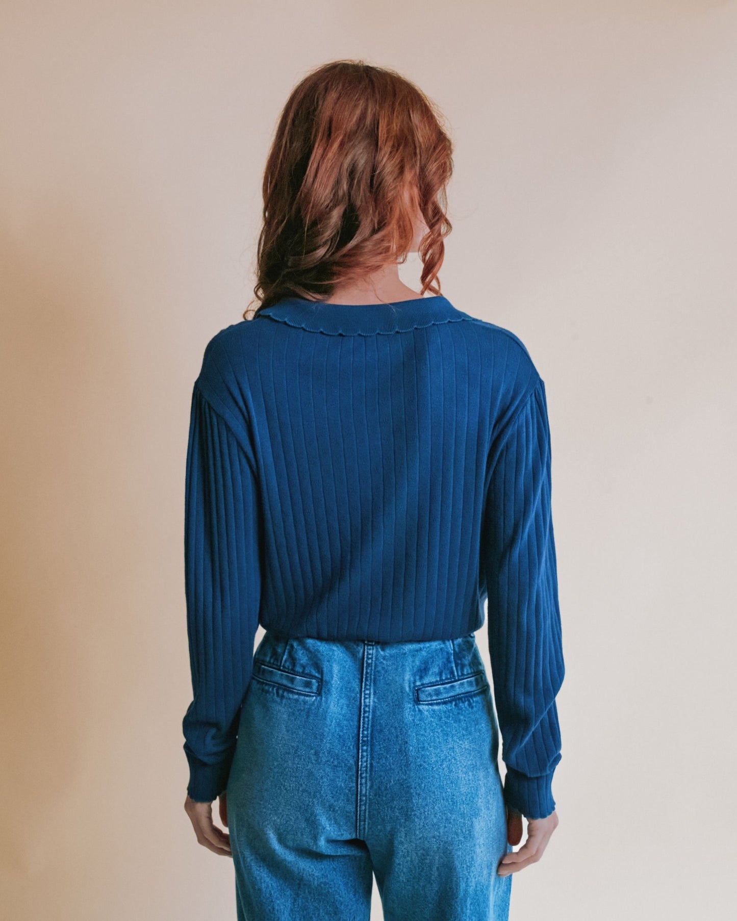 T-shirt manches longues - Pointelle bleu foncé