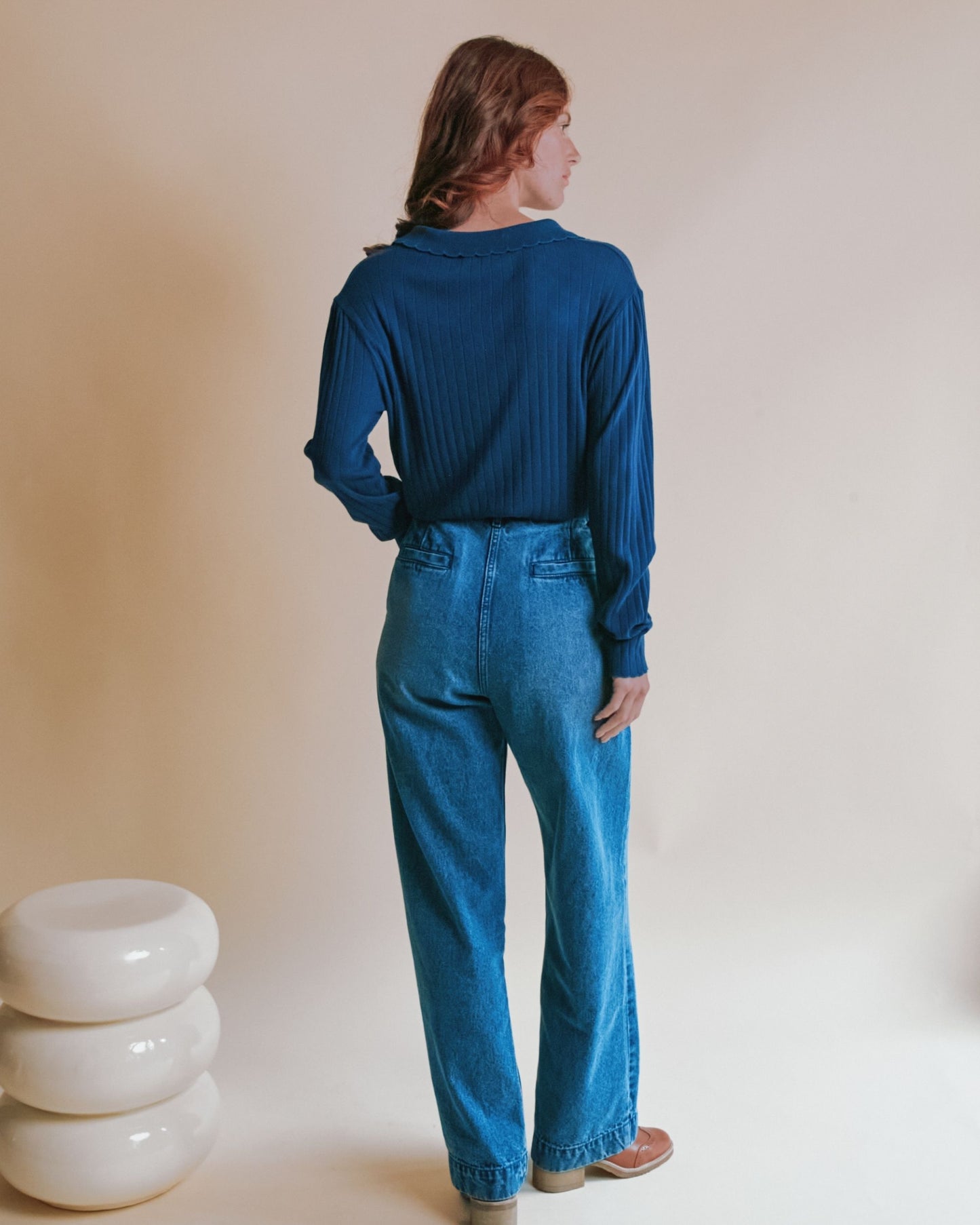 T-shirt manches longues - Pointelle bleu foncé