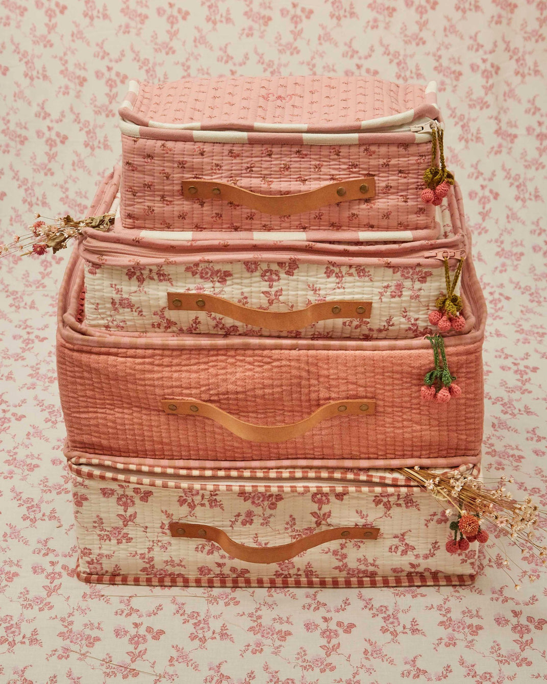 Grande valise - Fleuri écru et rose