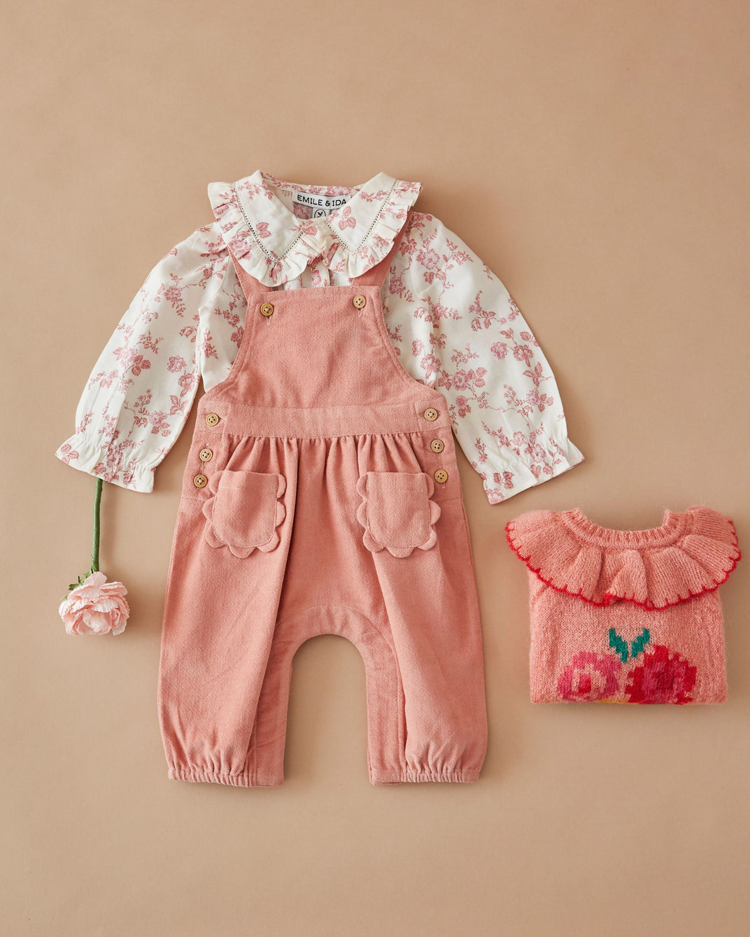 Salopette - Velours poches fleurs rose