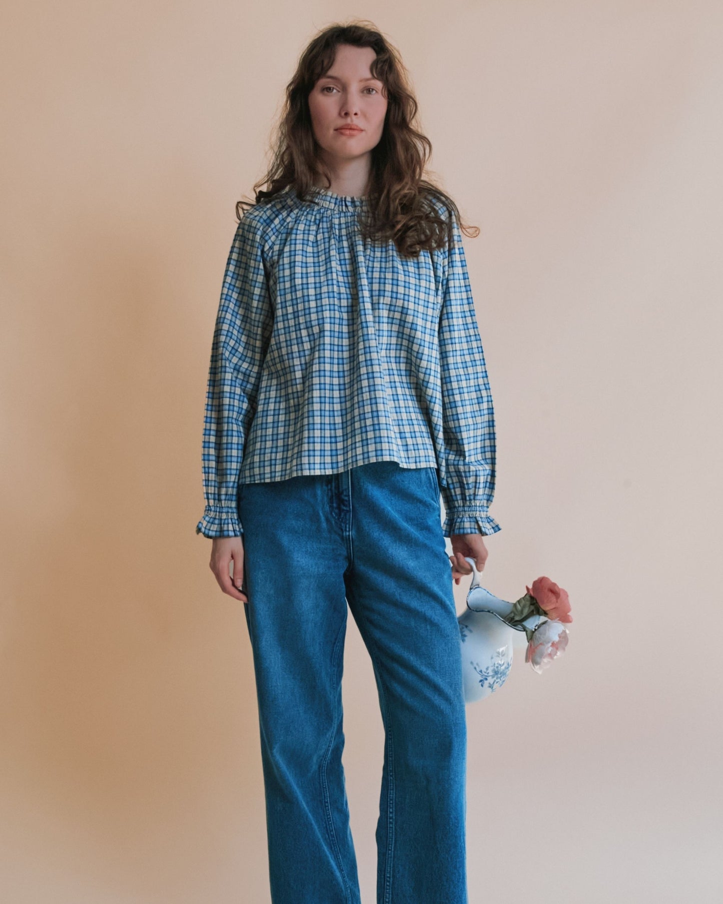 Blouse - Oversize carreaux bleu et beige