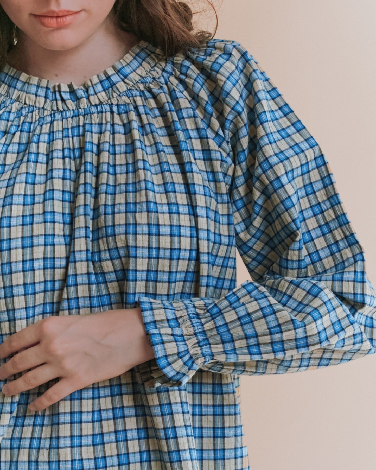 Blouse - Oversize carreaux bleu et beige