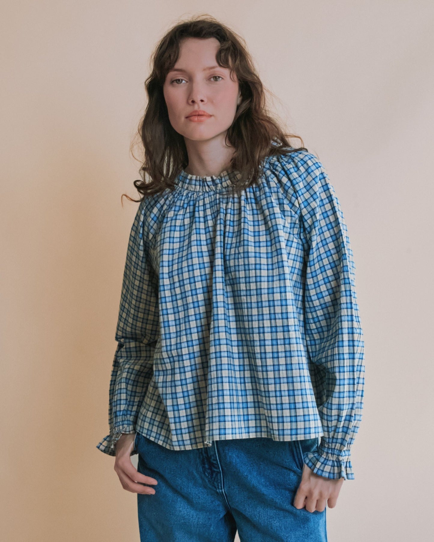 Blouse - Oversize carreaux bleu et beige