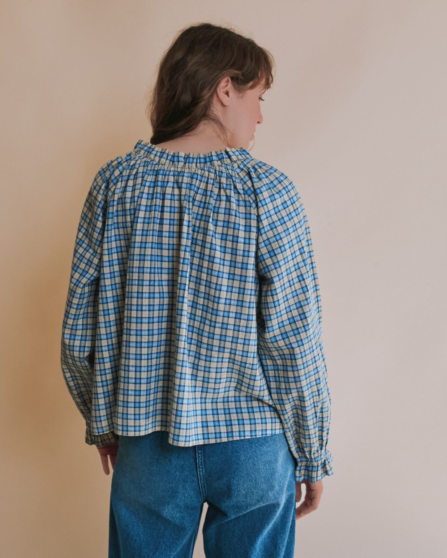 Blouse - Oversize carreaux bleu et beige