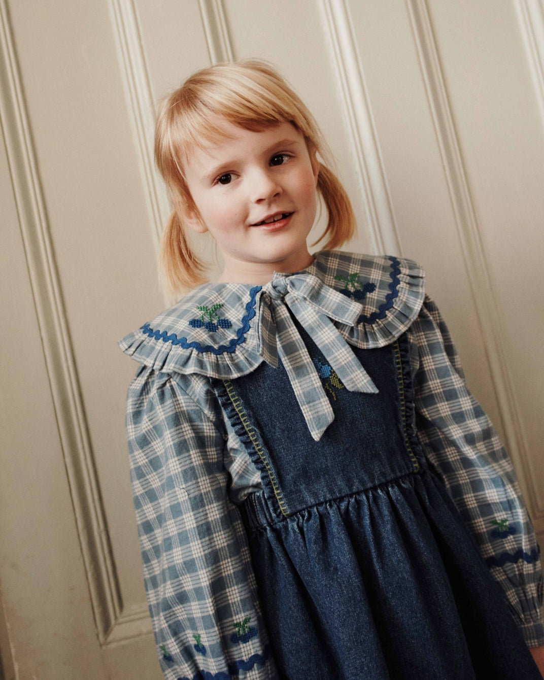Blouse - Grand col carreaux bleus
