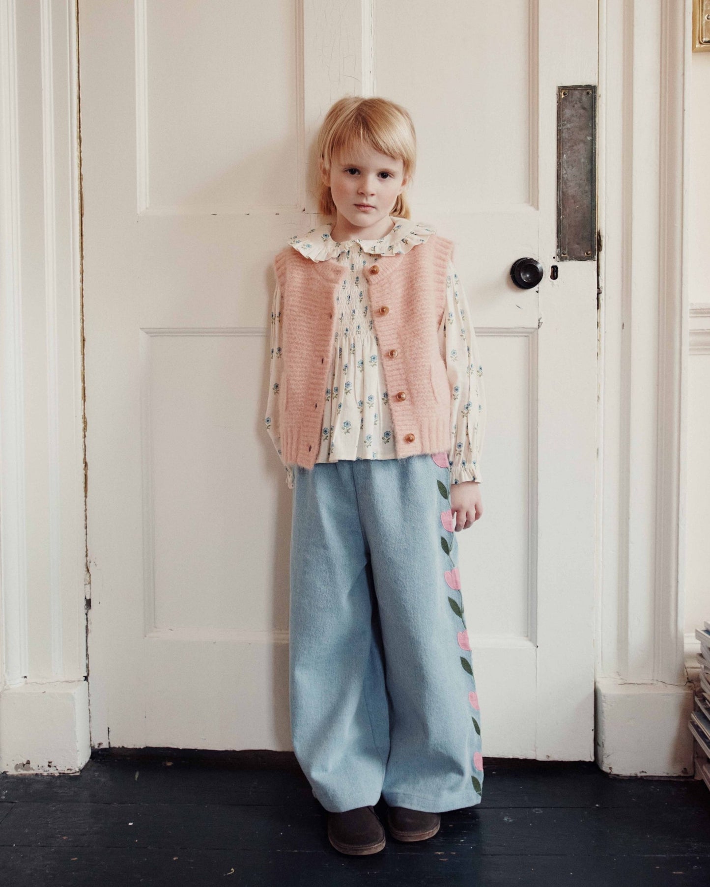 Pantalon - Tulipes brodées denim light