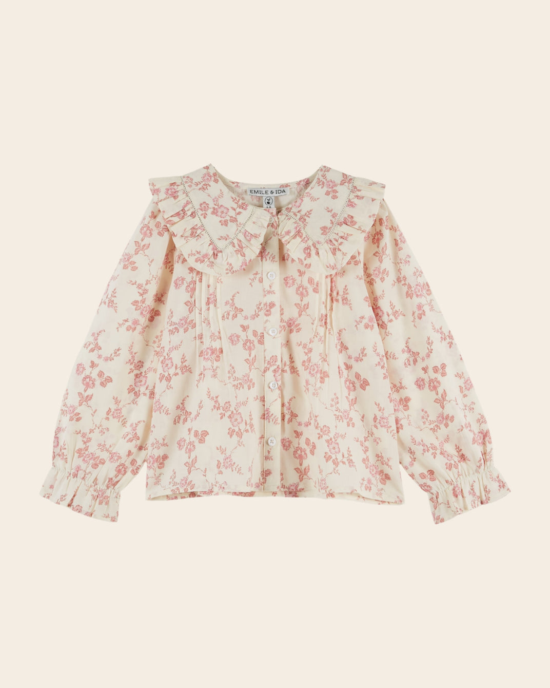Blouse - Grand col fleuri écru et rose