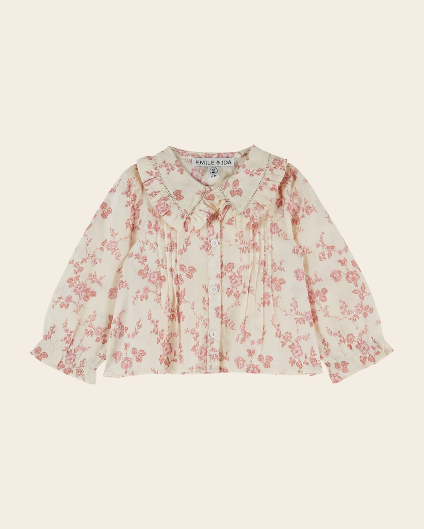 Blouse - Grand col fleuri écru et rose
