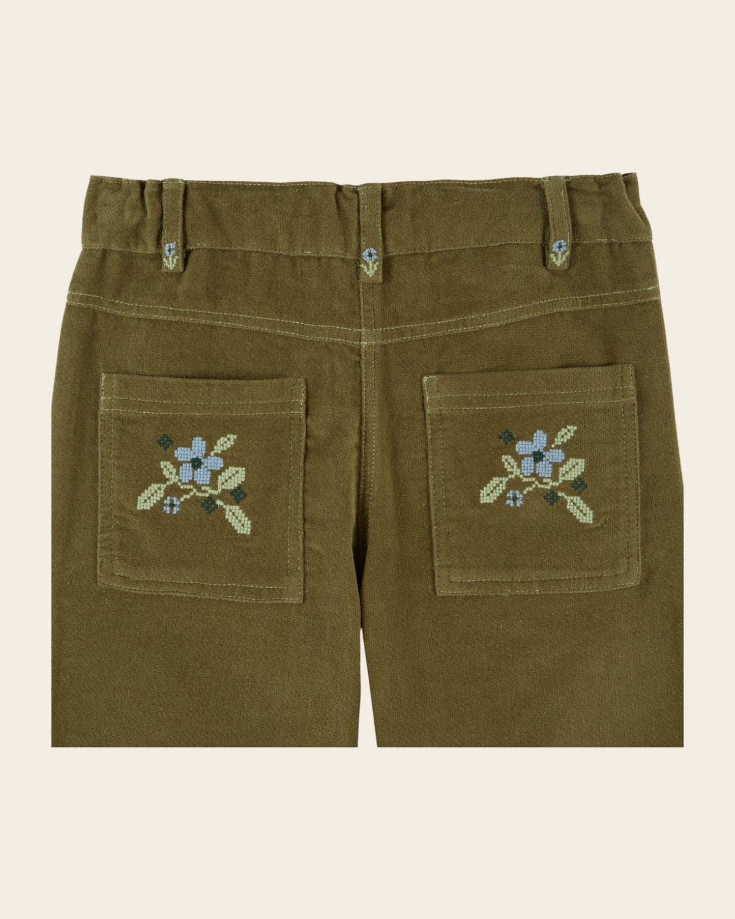Pantalon - Poches brodées velours vert
