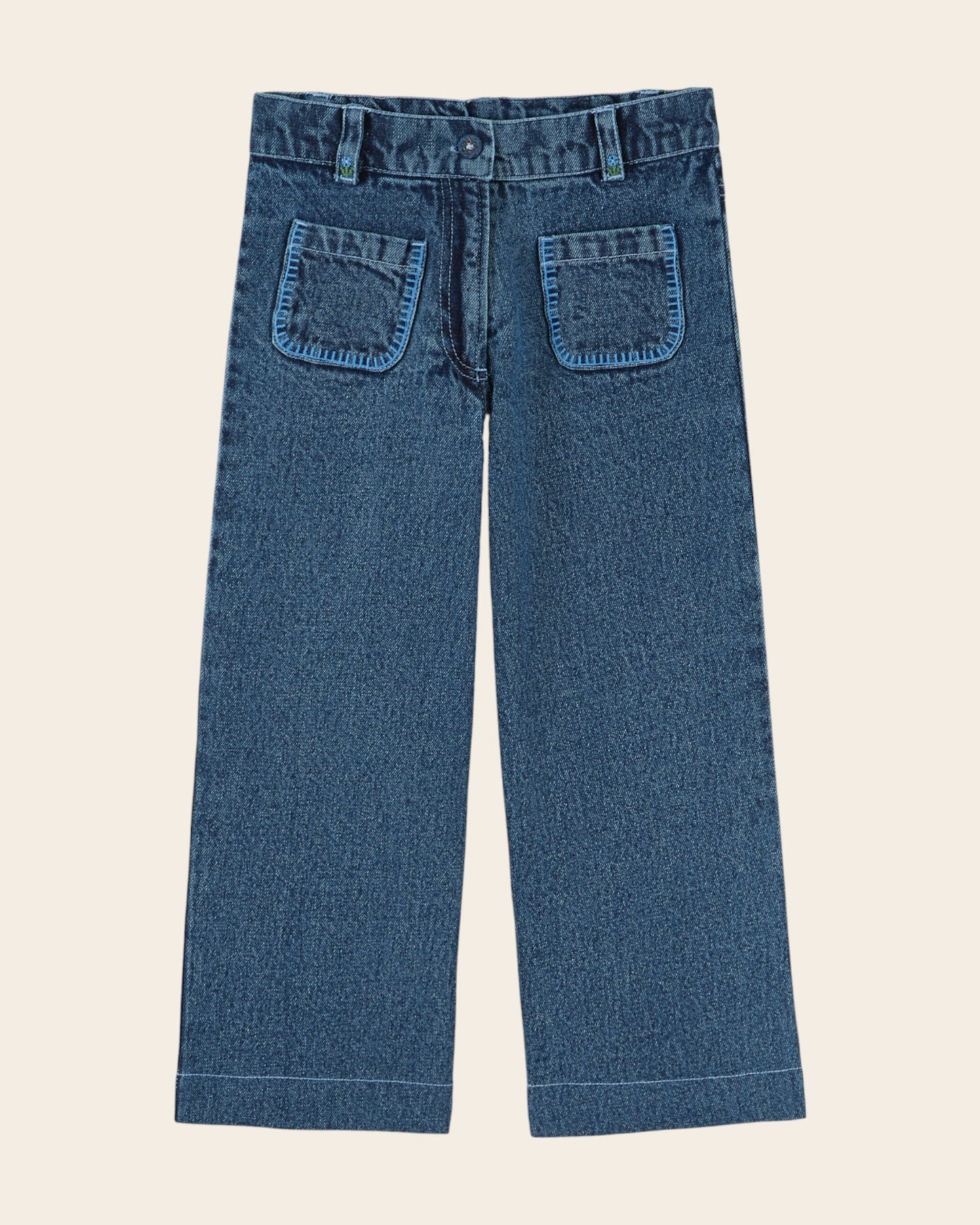 Pantalon - Poches brodées denim bleu