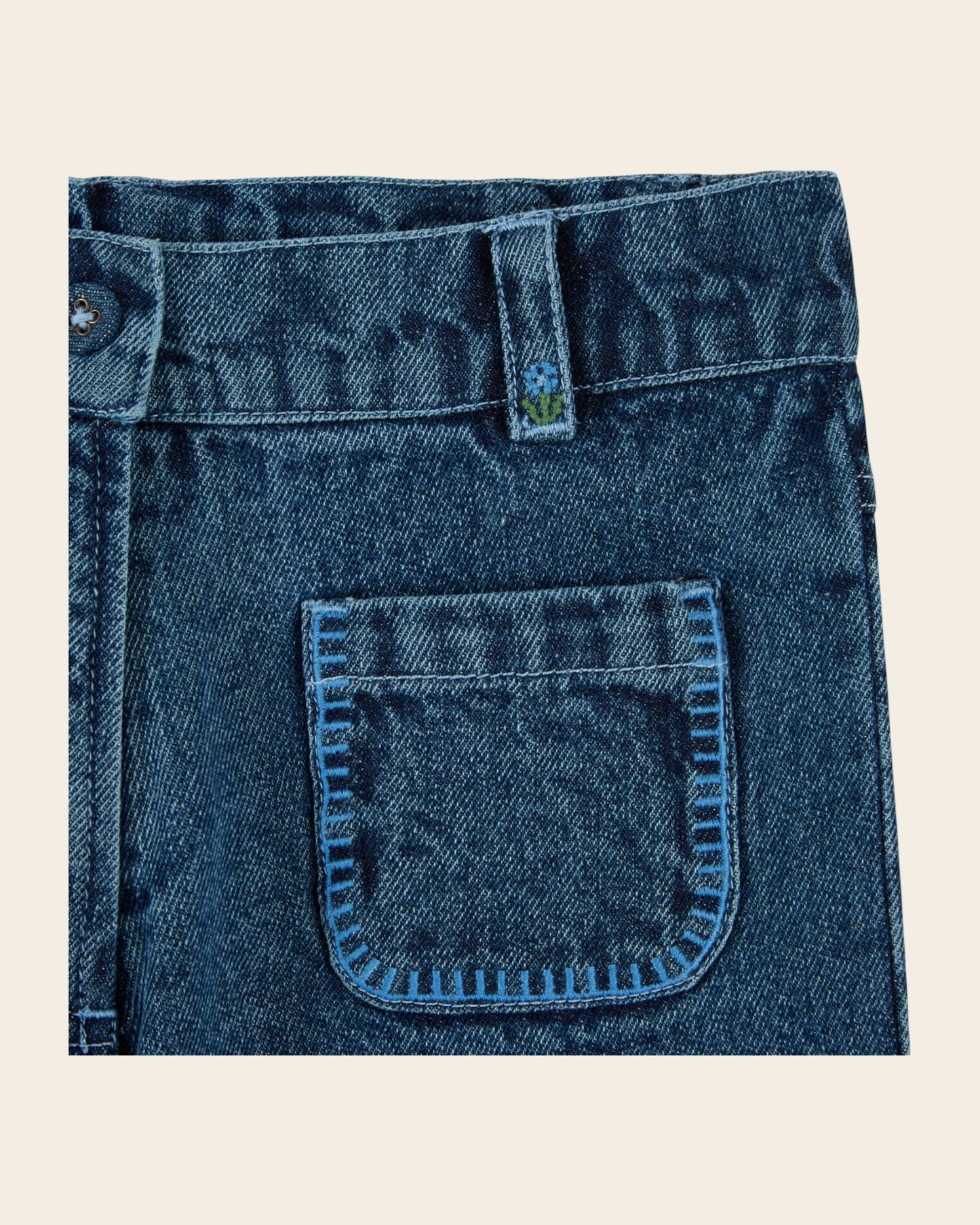 Pantalon - Poches brodées denim bleu