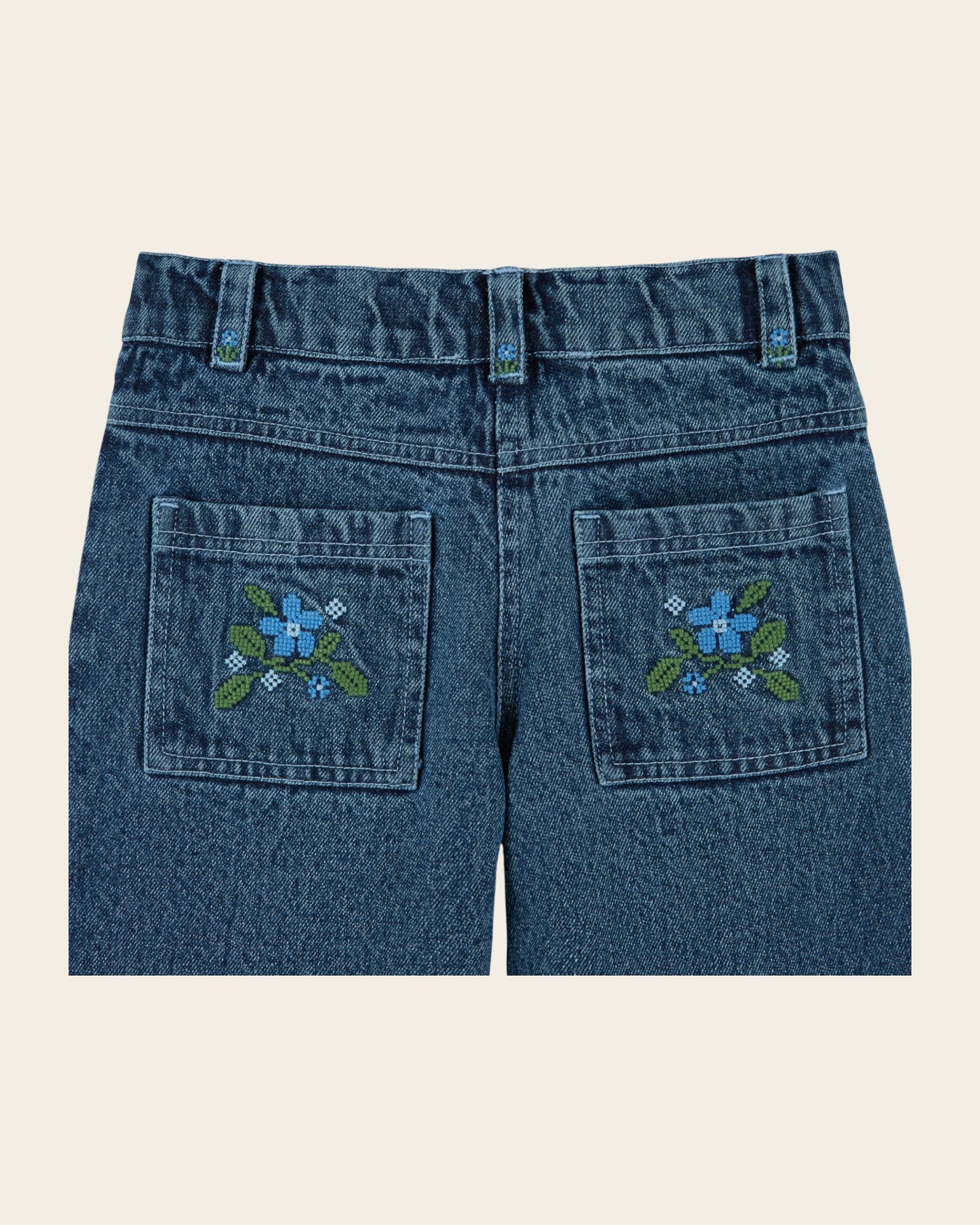 Pantalon - Poches brodées denim bleu
