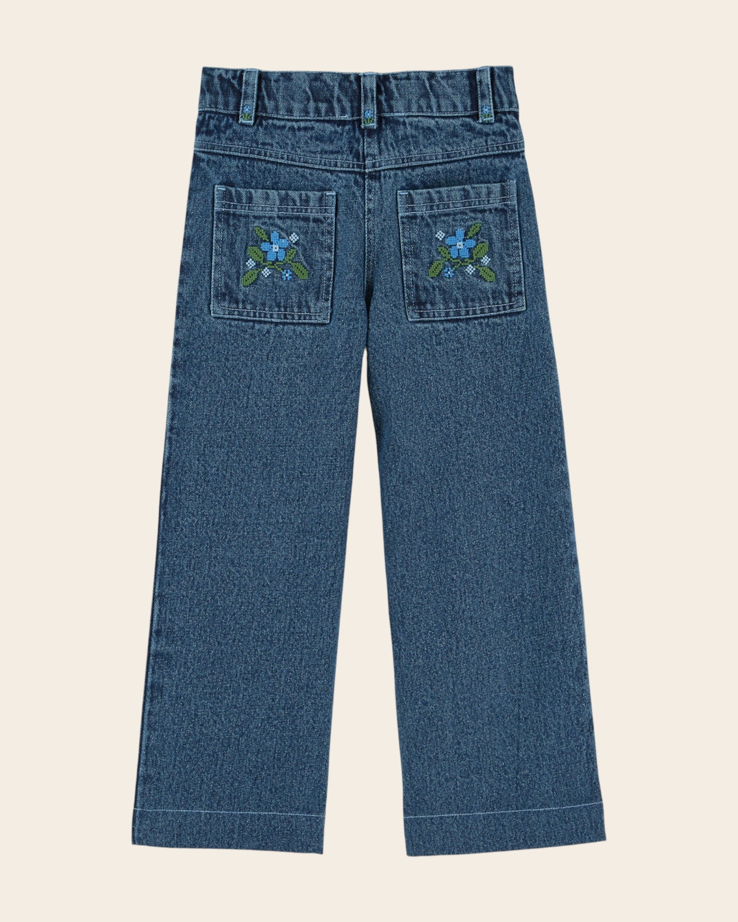 Pantalon - Poches brodées denim bleu