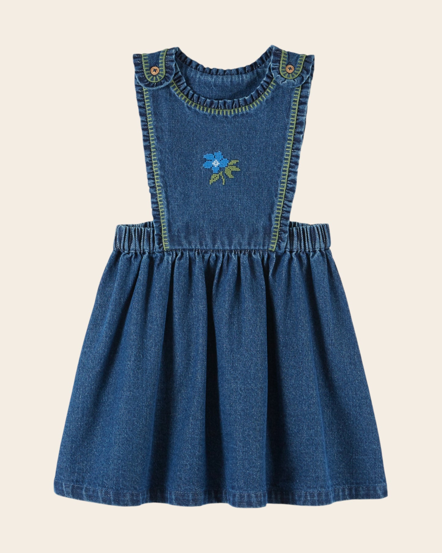 Robe tablier - Brodée denim bleu