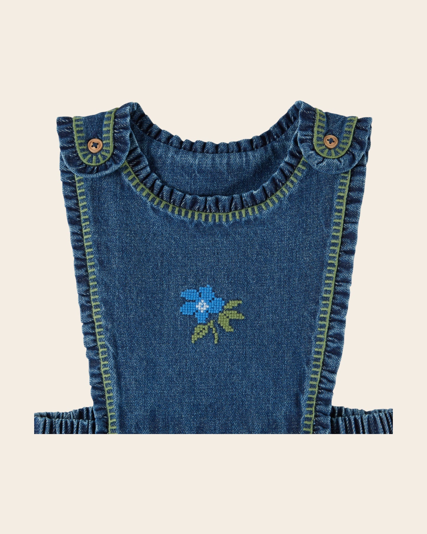 Robe tablier - Brodée denim bleu