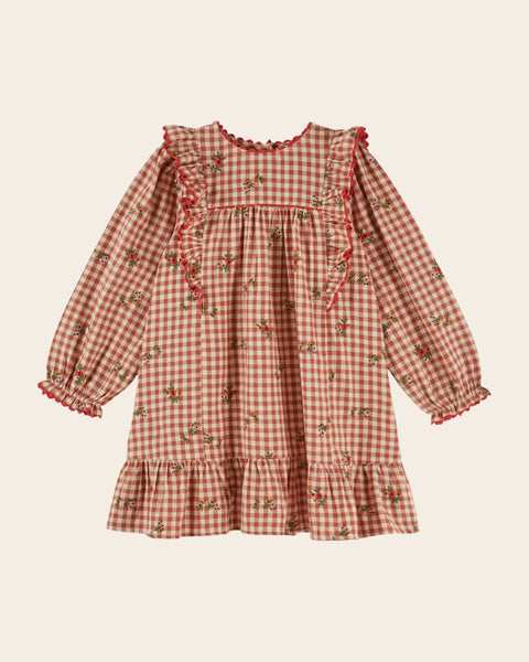 Robe - Volantée brodée vichy terracotta