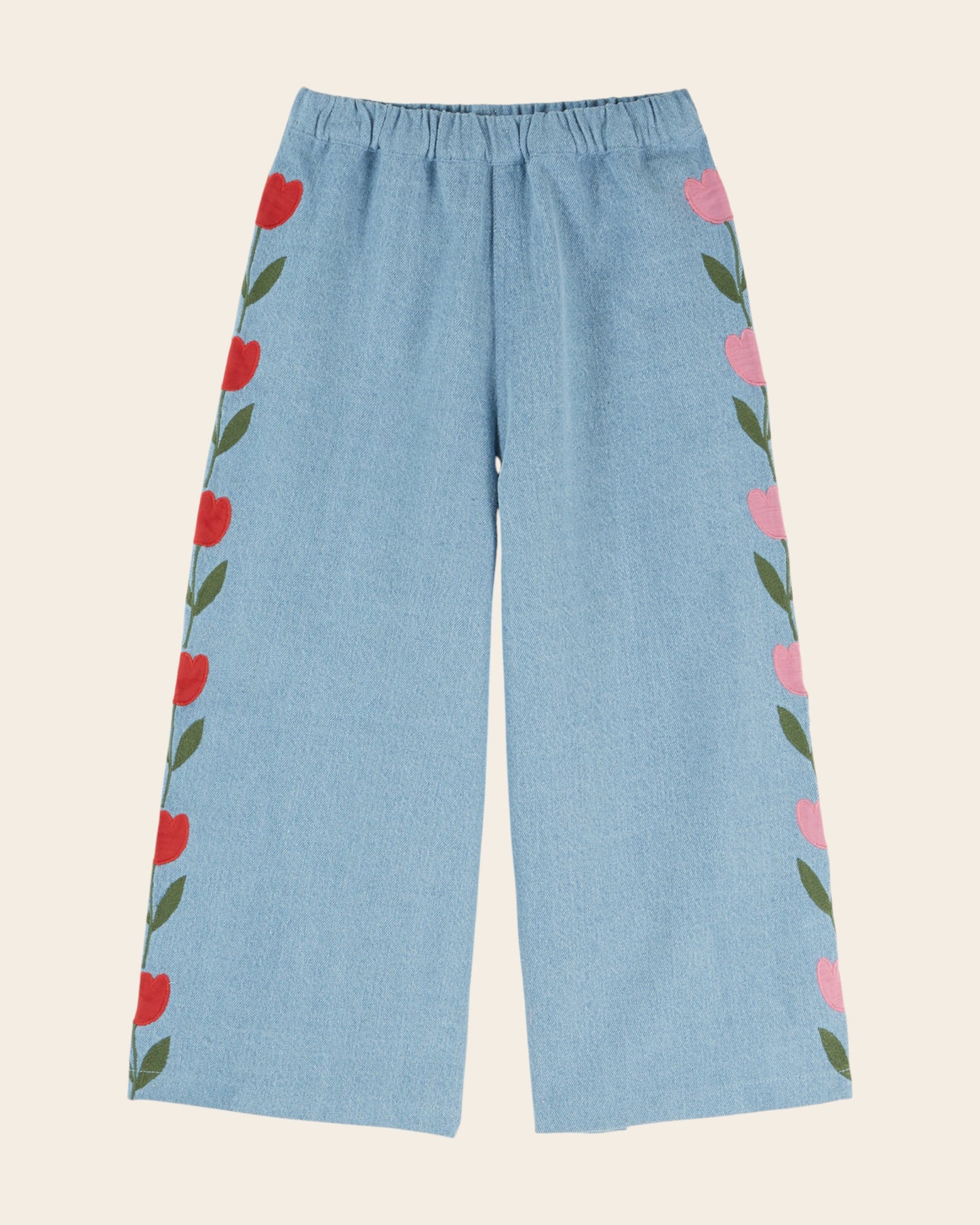 Pantalon - Tulipes brodées denim light
