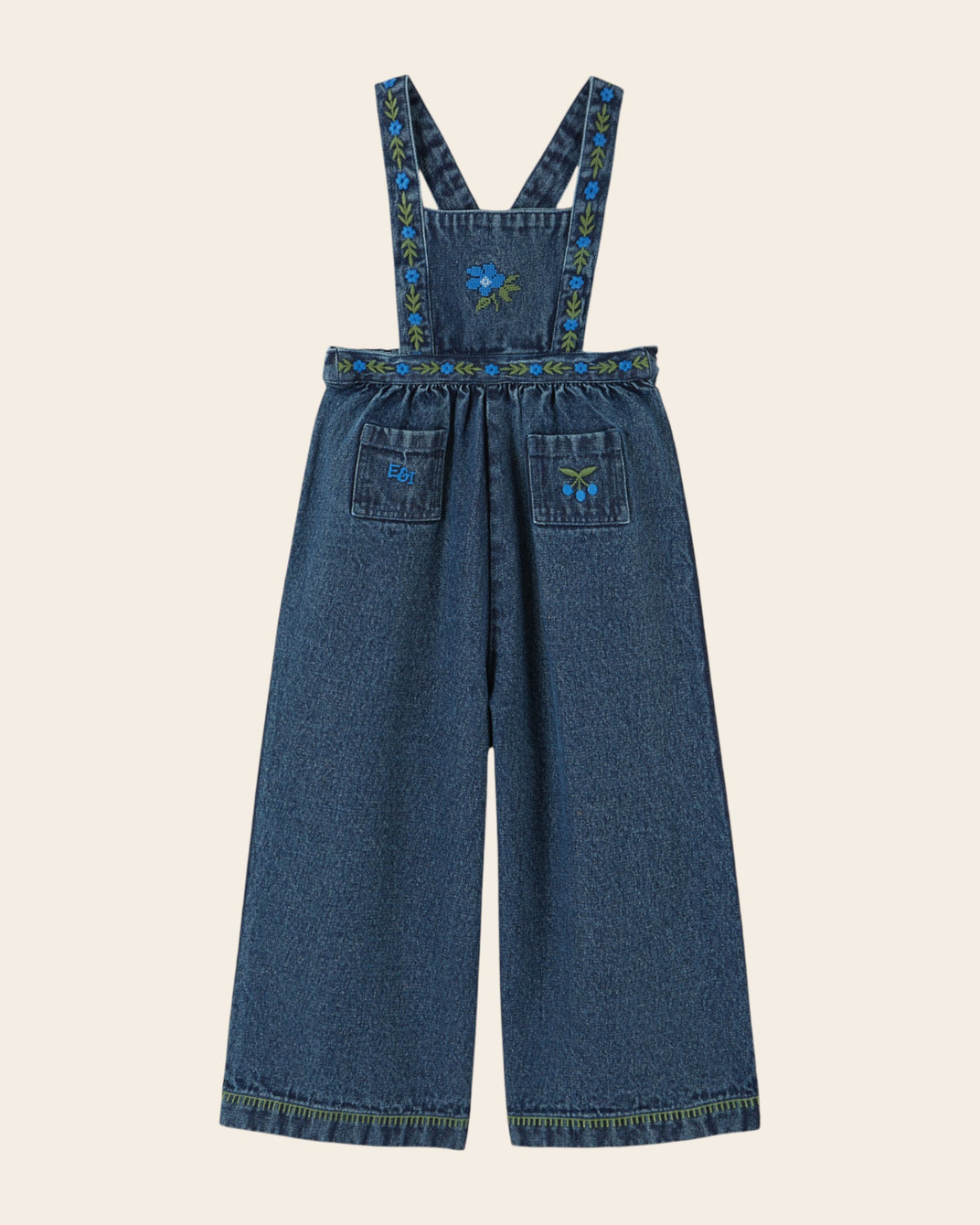 Salopette - Fleurs brodées denim bleu