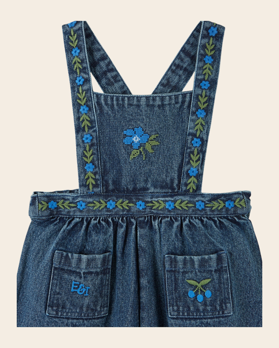 Salopette - Fleurs brodées denim bleu