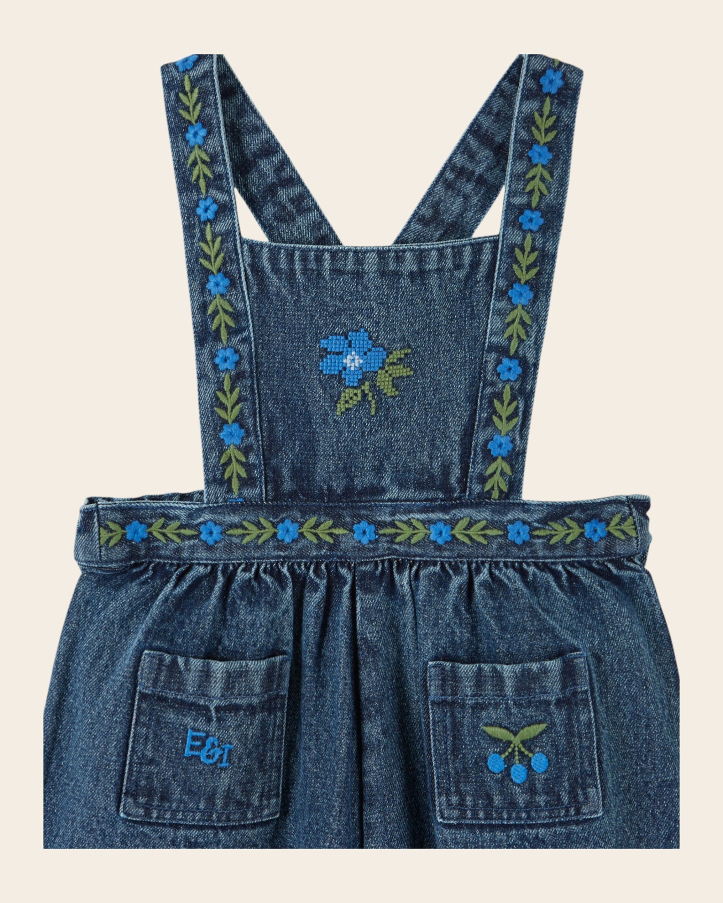 Salopette - Fleurs brodées denim bleu