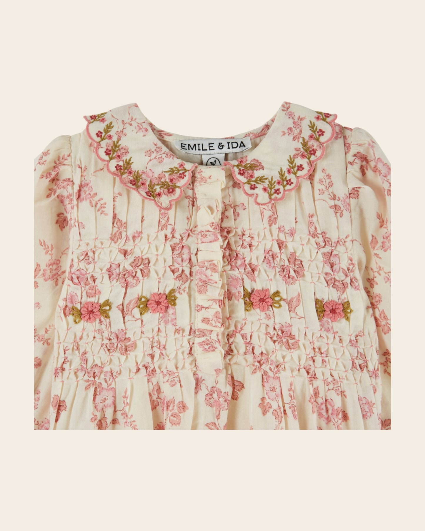Barboteuse - Smockée fleuri écru et rose
