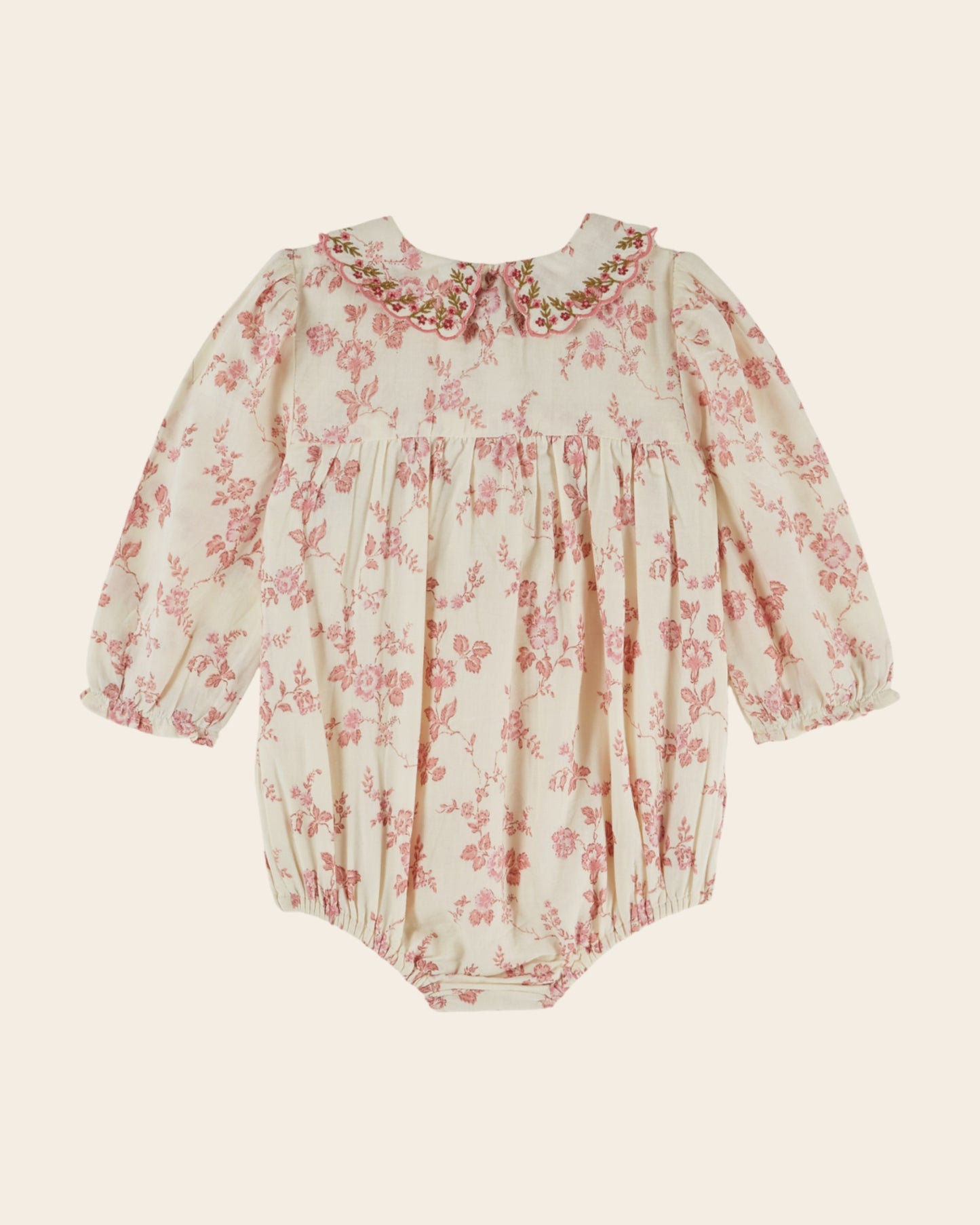 Barboteuse - Smockée fleuri écru et rose