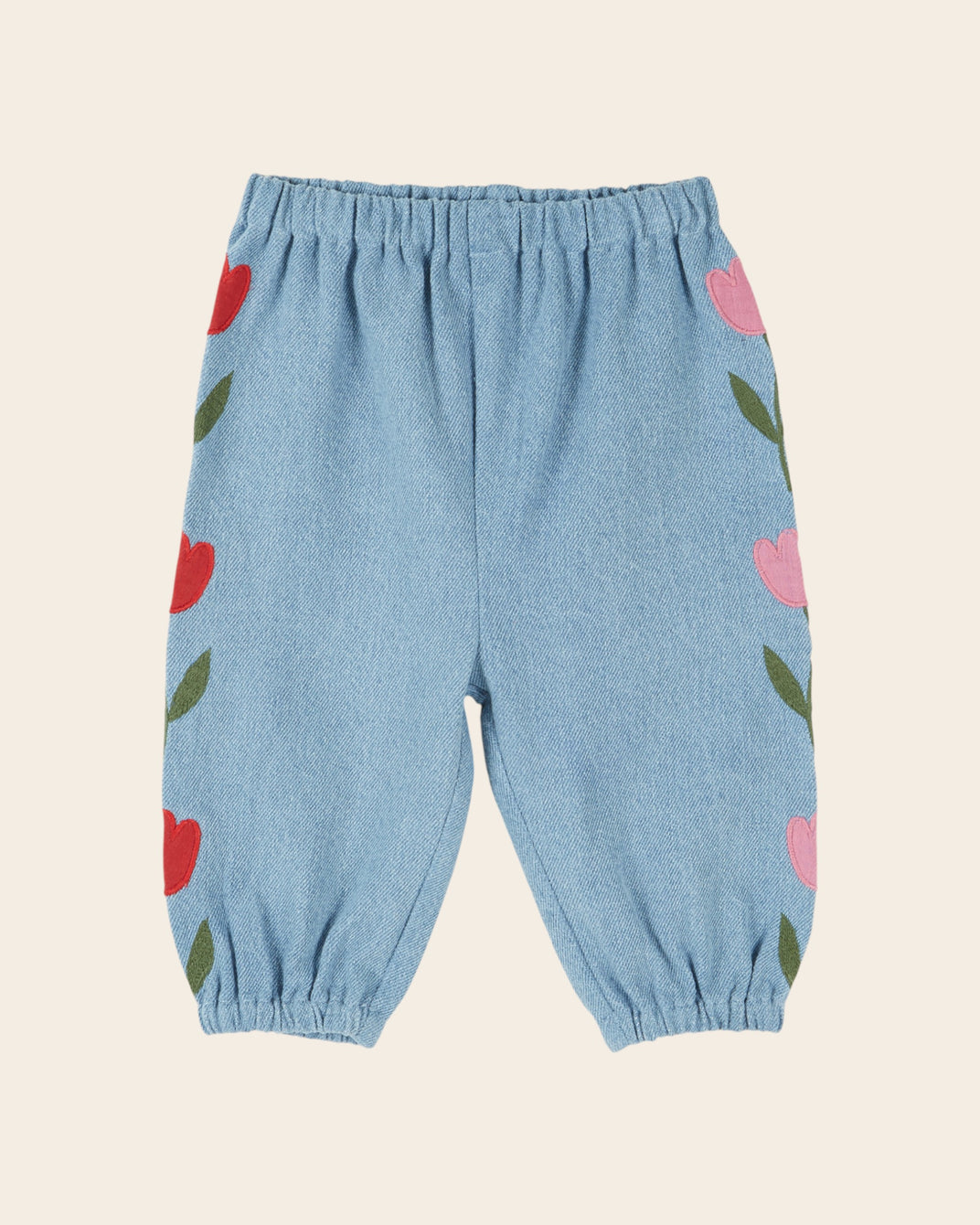 Pantalon bébé - Tulipes brodées denim light