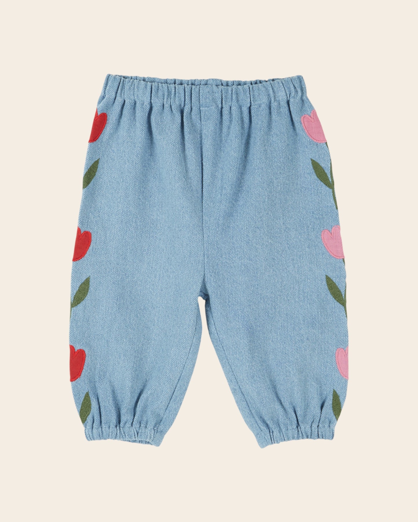 Pantalon bébé - Tulipes brodées denim light