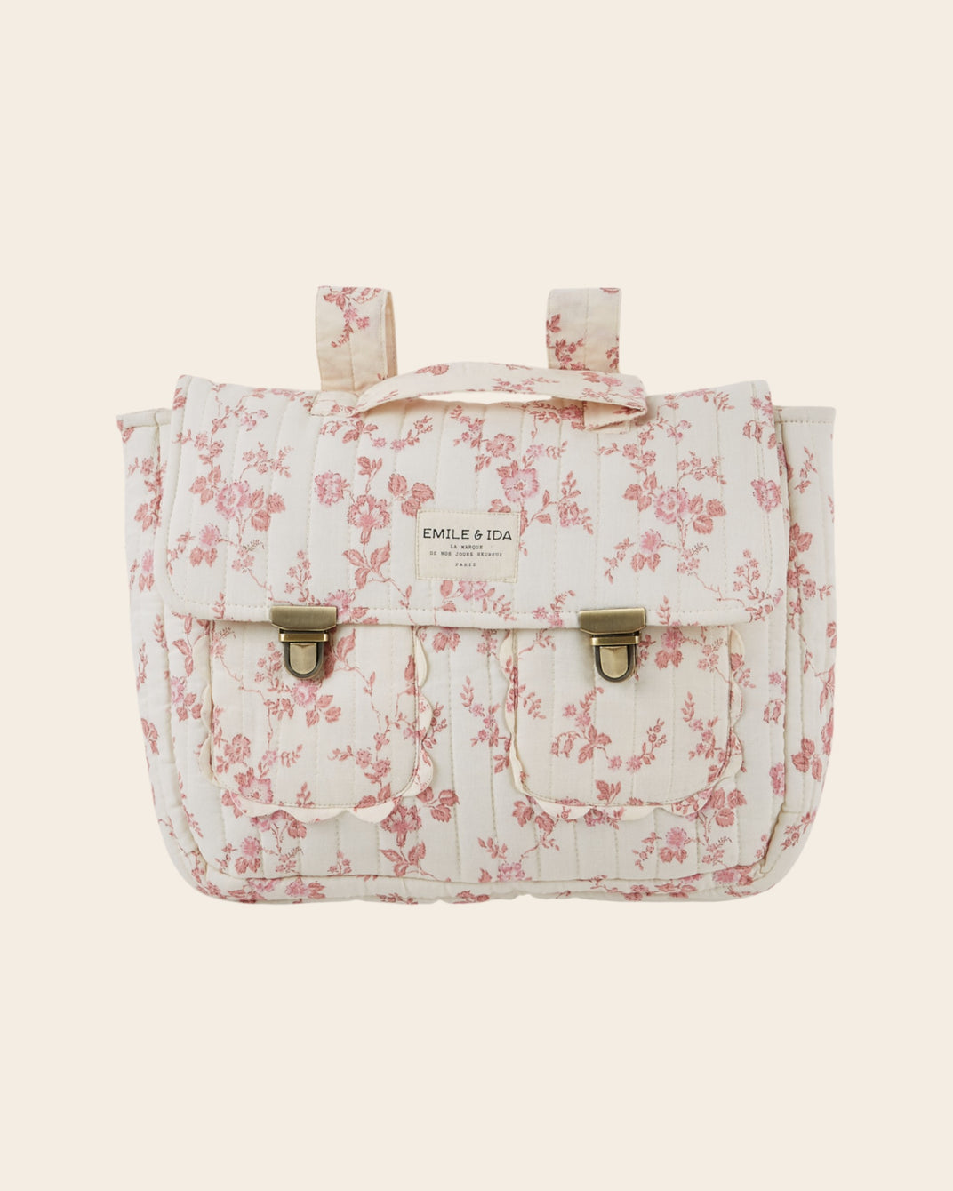 Cartable - Matelassé fleuri écru et rose