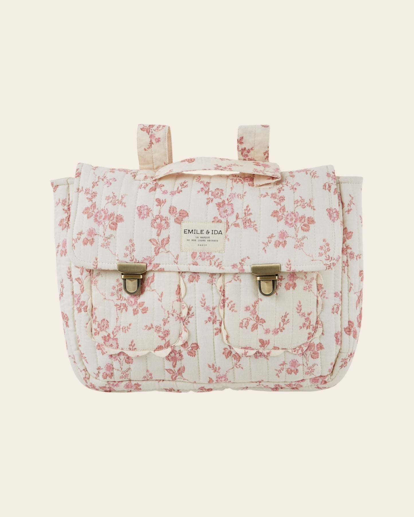 Cartable - Matelassé fleuri écru et rose