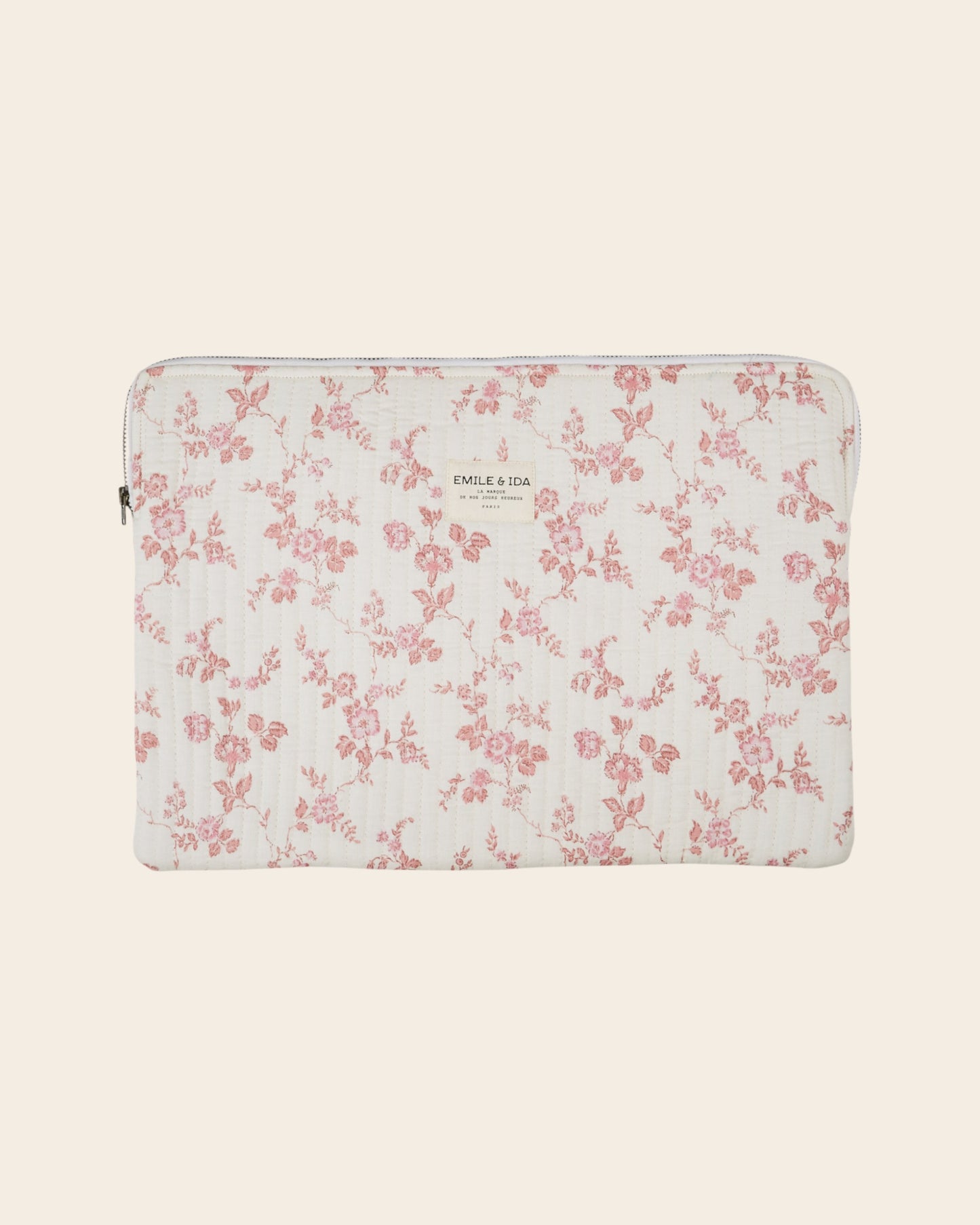 Pochette d'ordinateur - Fleuri écru et rose