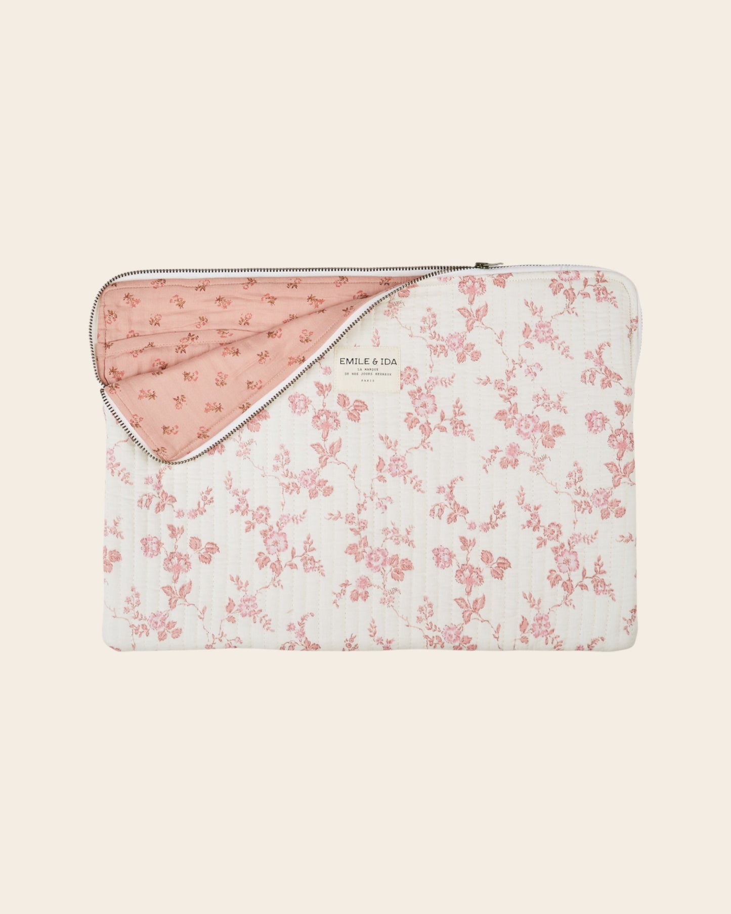 Pochette d'ordinateur - Fleuri écru et rose
